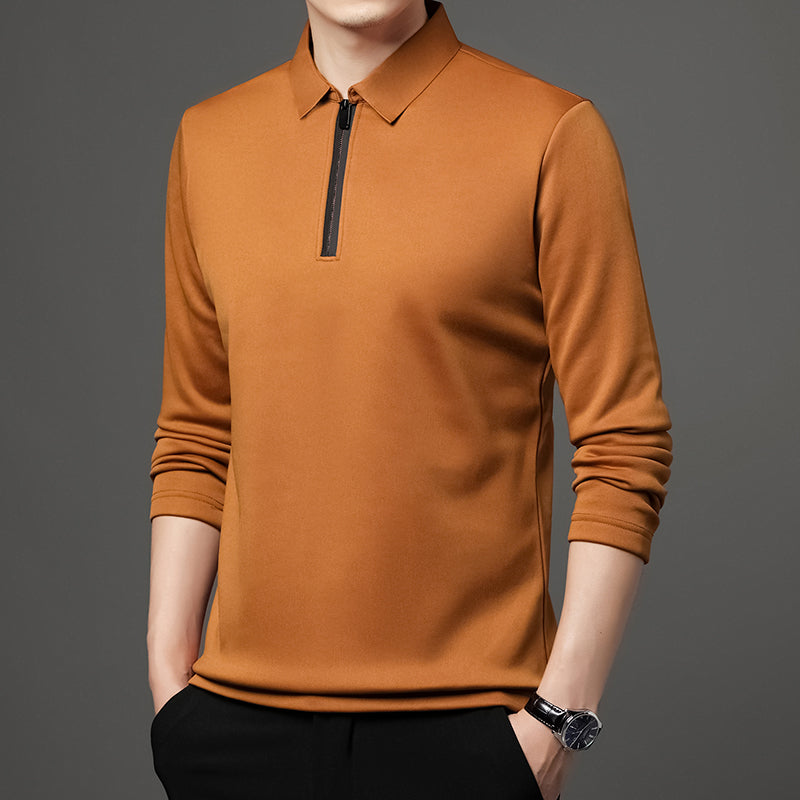 New T Shirt Zipper Polo Shirt Male Fashion Turn-Down Collar Long Sleeve Business Men Clothes