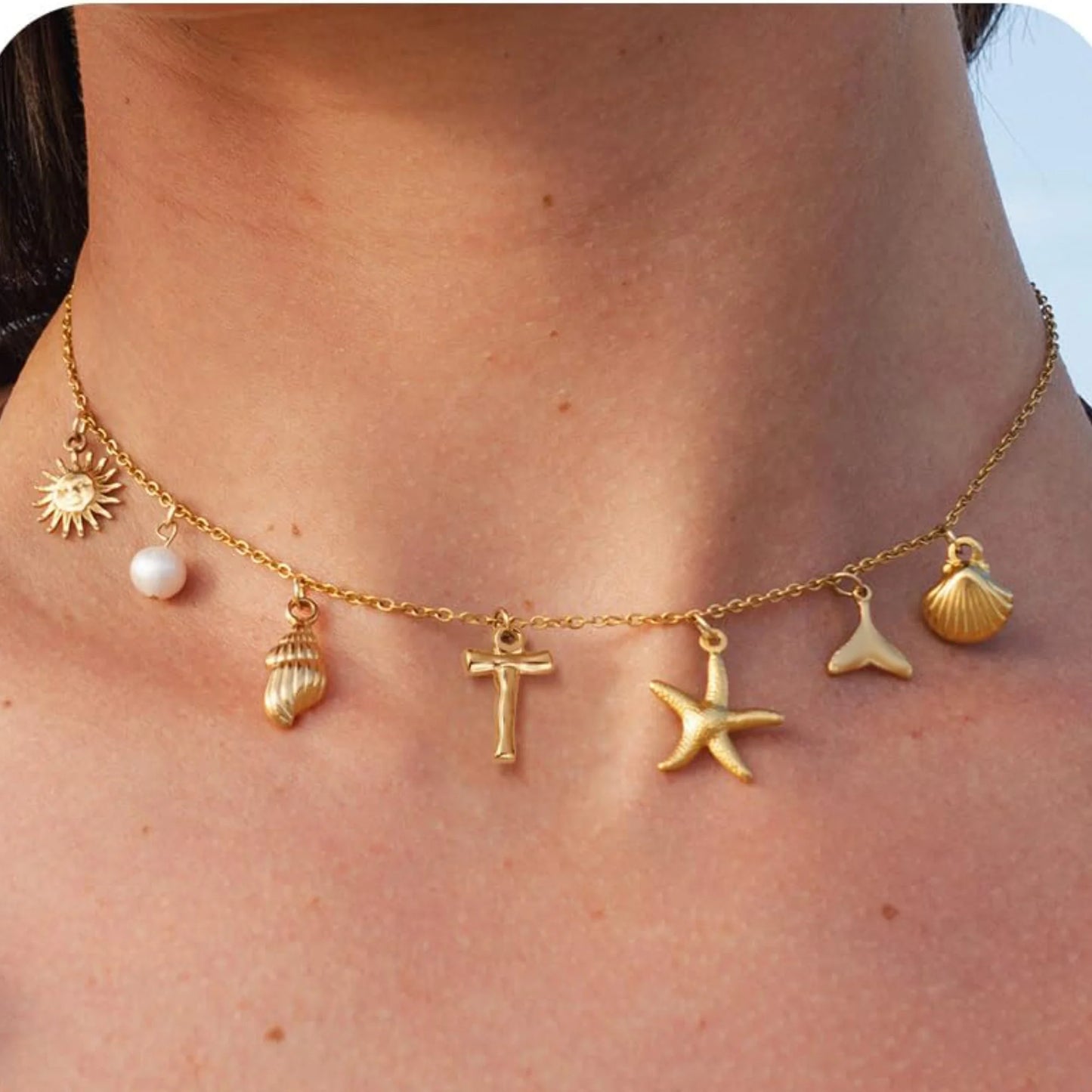 MHS.SUN Starfish Shell Initial Necklace Waterproof 18K Gold Plated Stainless Steel Charm Necklaces Surfer Girl Summer Beach Gift