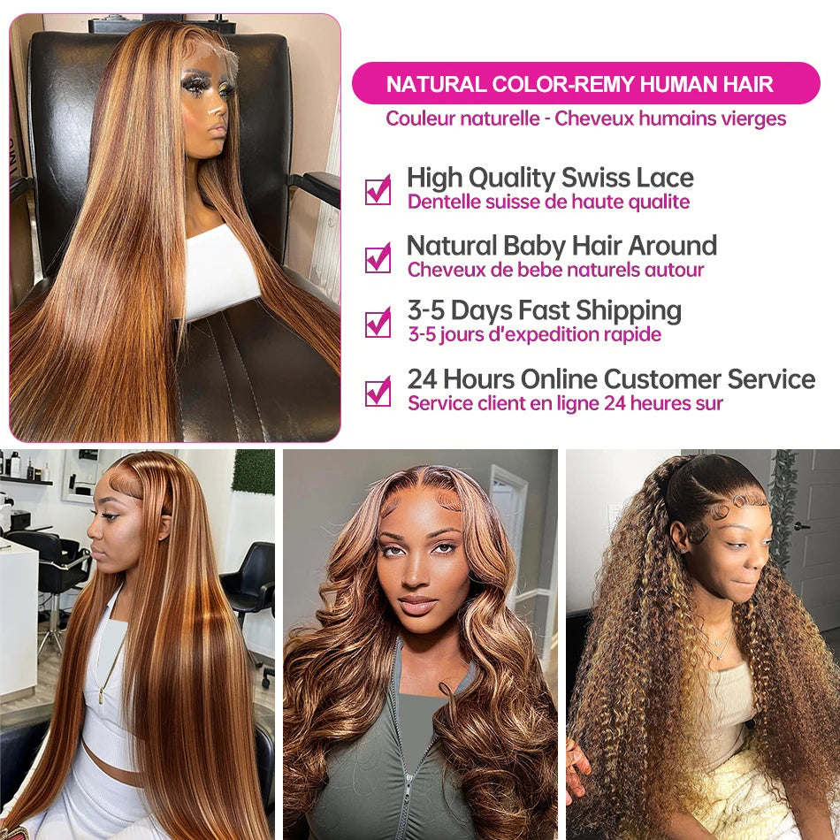 30 32 Inch 13x4 13x6 HD Highlight Ombre Straight Human Hair Wigs Honey Blonde Bone Straight Lace Front Human Hair Wig For Women
