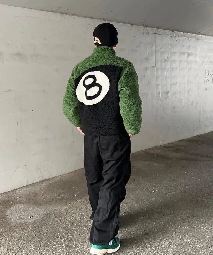 Vintage American Style Double-Sided Wearable Black Eight Ball Flocking Woolen Jacket Zipper For Men And Women Casual Use