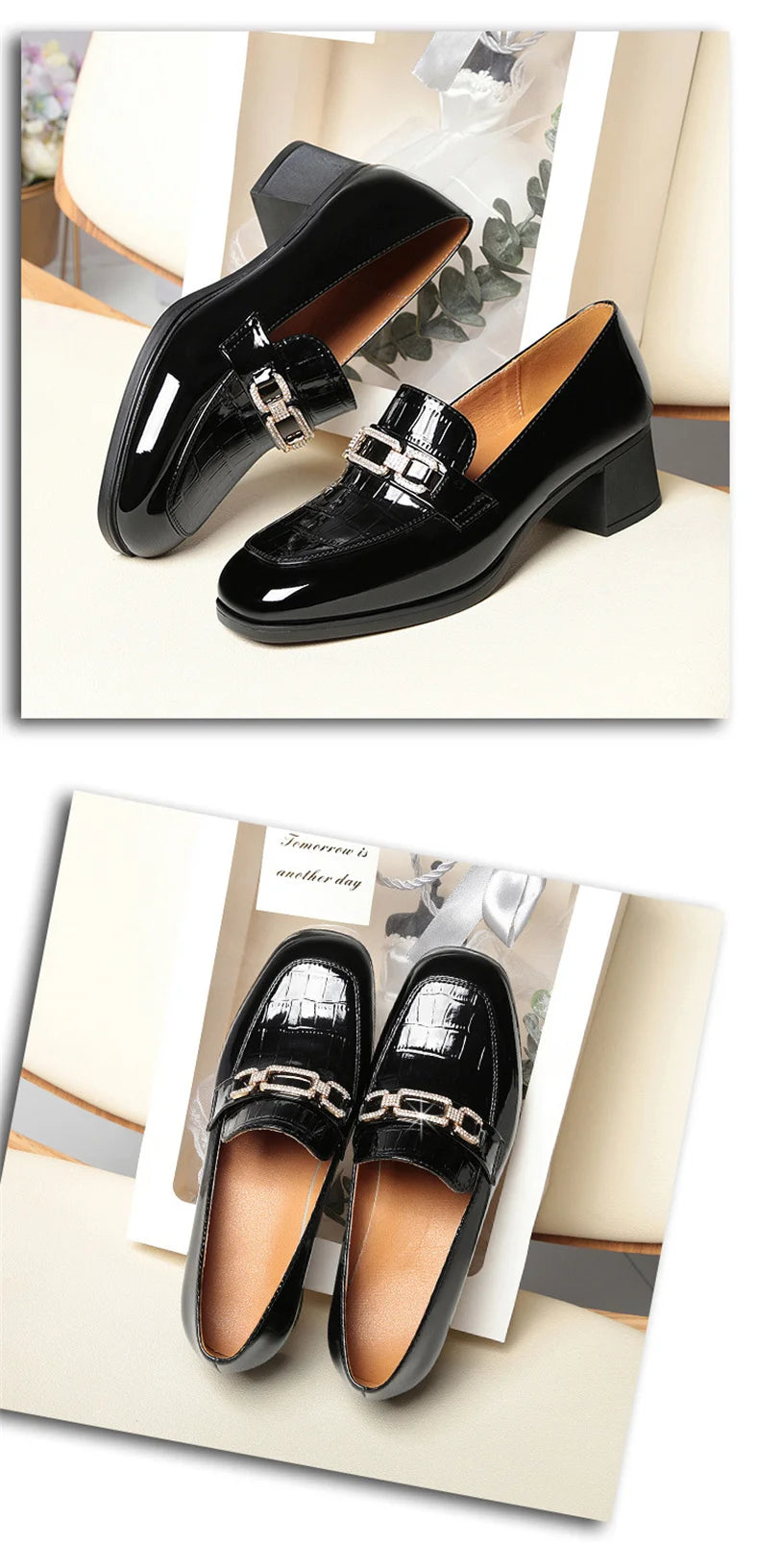 Spring Autumn Ladies Pumps Shallow Shoes Patent Leather Soft Sole Crystal High Heels  Loafers Fashion Breathable Single Shoe