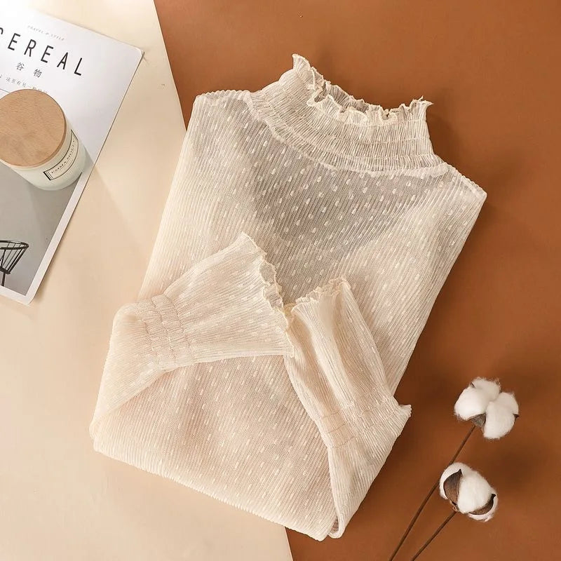 Women Sexy Mesh See Through T Shirt  Long Bell Sleeve Hollow Out Blouse Summer Transparent Sheer High Neck Bottoming Basic Tee