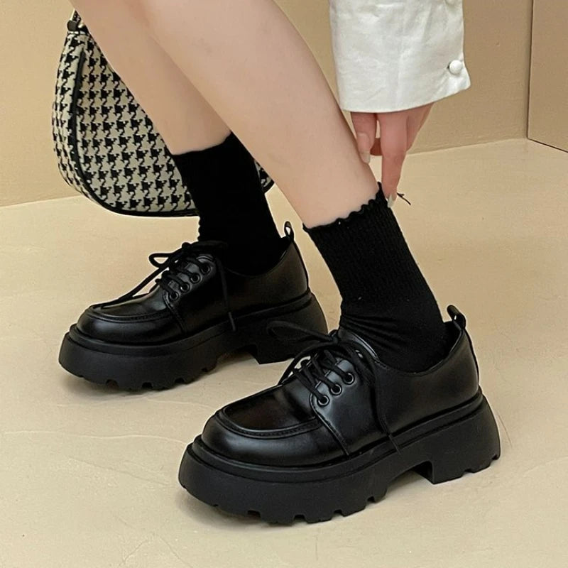 Women's Shoes Platform Flats Autumn Black Loafers Fashion Comfortable Leather Shoes Lace-up Outdoor Casual Oxfords Zapatos Mujer