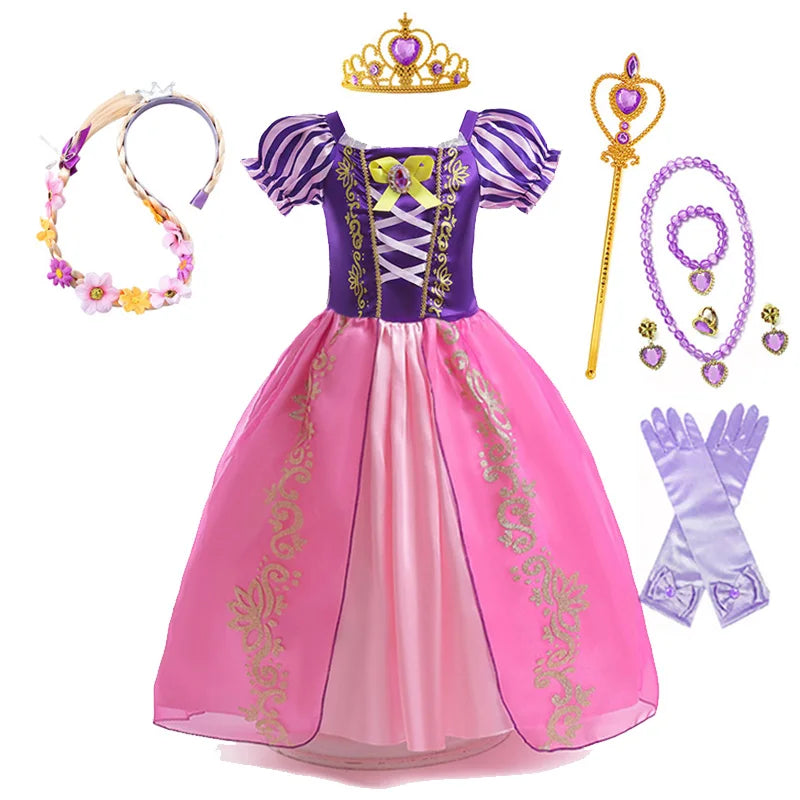 Disney Rapunzel Princess Dress Girl Purple Puff Sleeve Cosplay Tangled Costume Halloween Vestido Kids Birthday Ball Gown Clothes