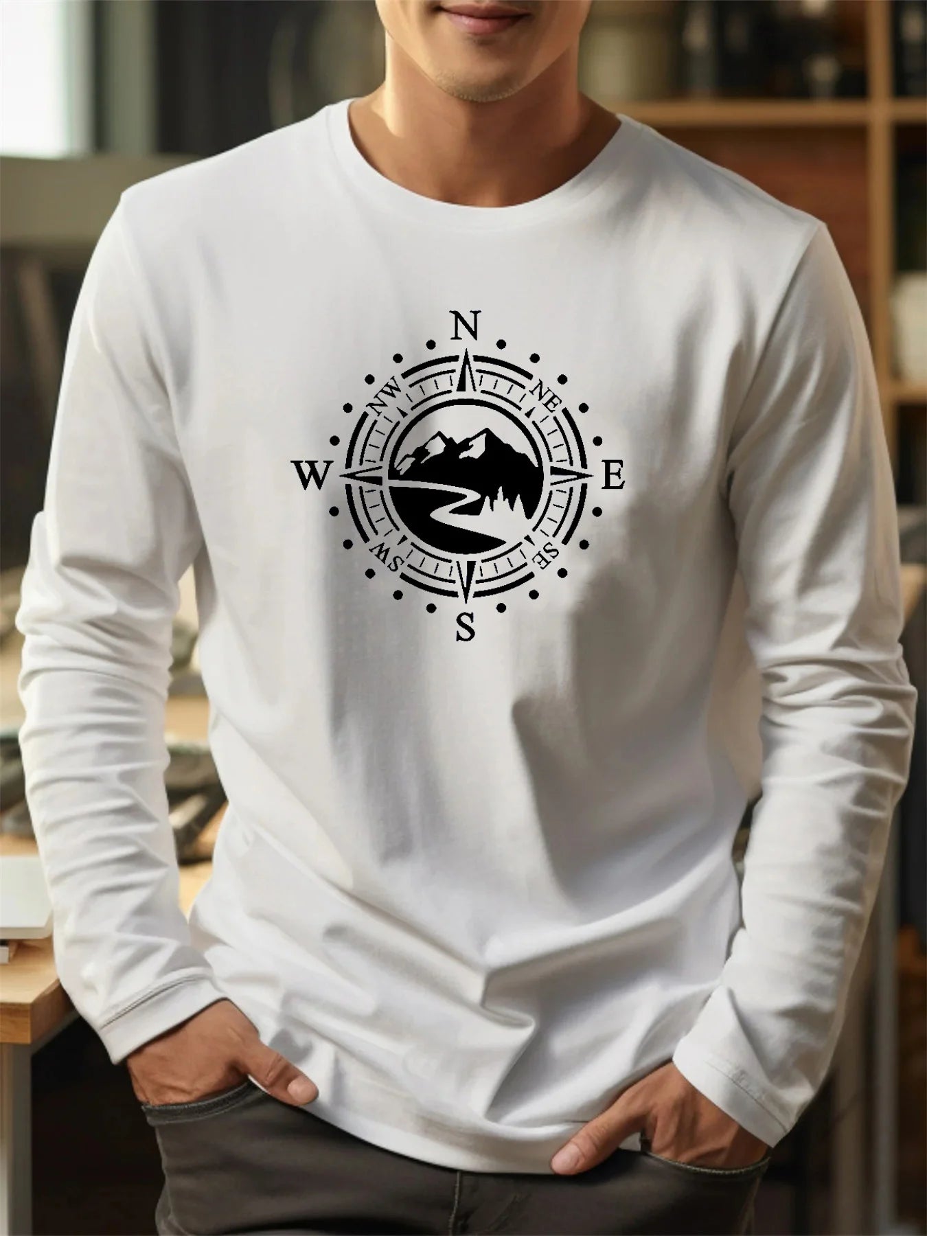 Men's 100% pure cotton loose fit comfortable sports and leisure mountain compass pattern printed round neck long sleeved T-shirt