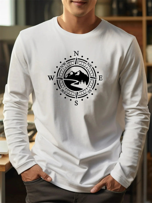 Men's 100% pure cotton loose fit comfortable sports and leisure mountain compass pattern printed round neck long sleeved T-shirt