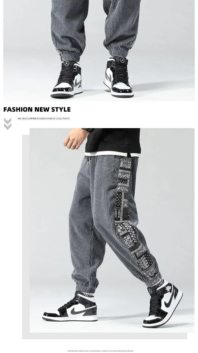 Oversize Cashew Flower Printed Patchwork Casual Pants Y2K High Street Corduroy Sweatpants Men Clothing штаны Pantalones 바지