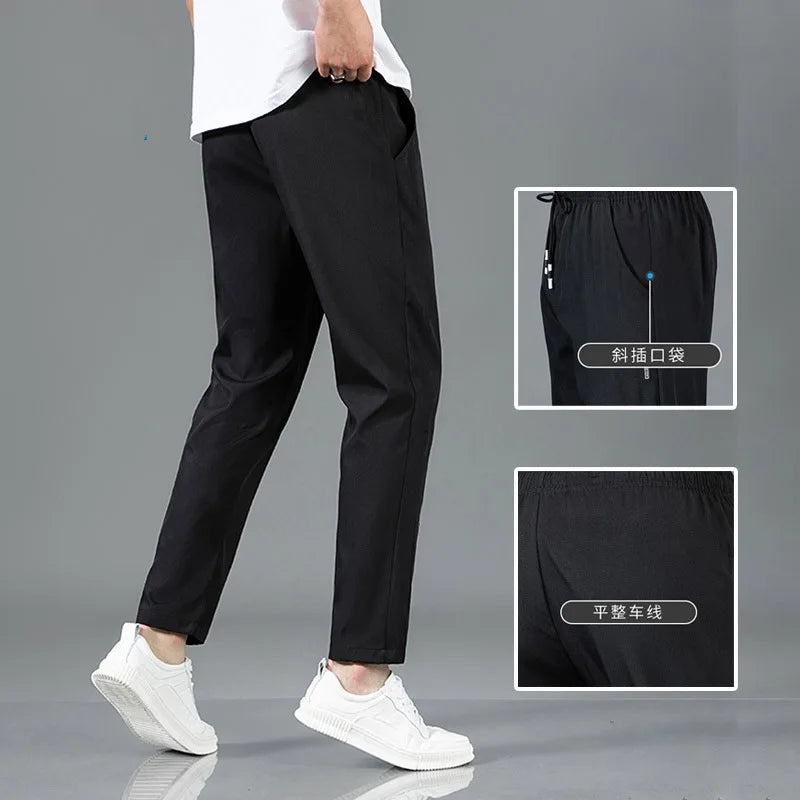Summer Ice Silk Men's Pants Black Gray Thin Business Casual Pants Plus Size Outdoor Elastic Breathable Straight Leg Sweatpants