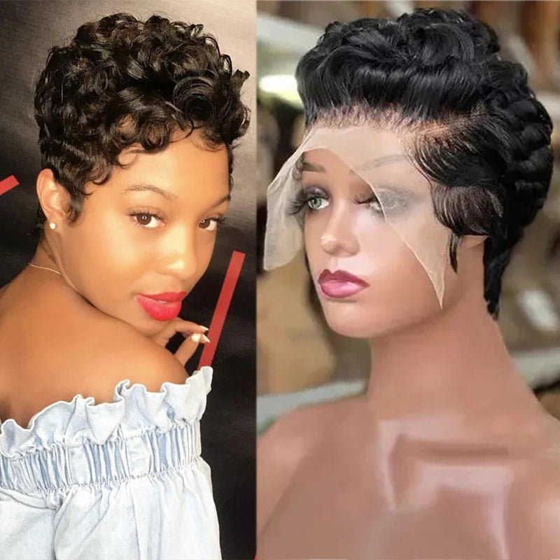 Short Pixie Cut Curly 100% Human Hair Wigs 13x4 Lace Front Wigs for  Women Natural Soft Bob Wig with Transparent Lace Wigs