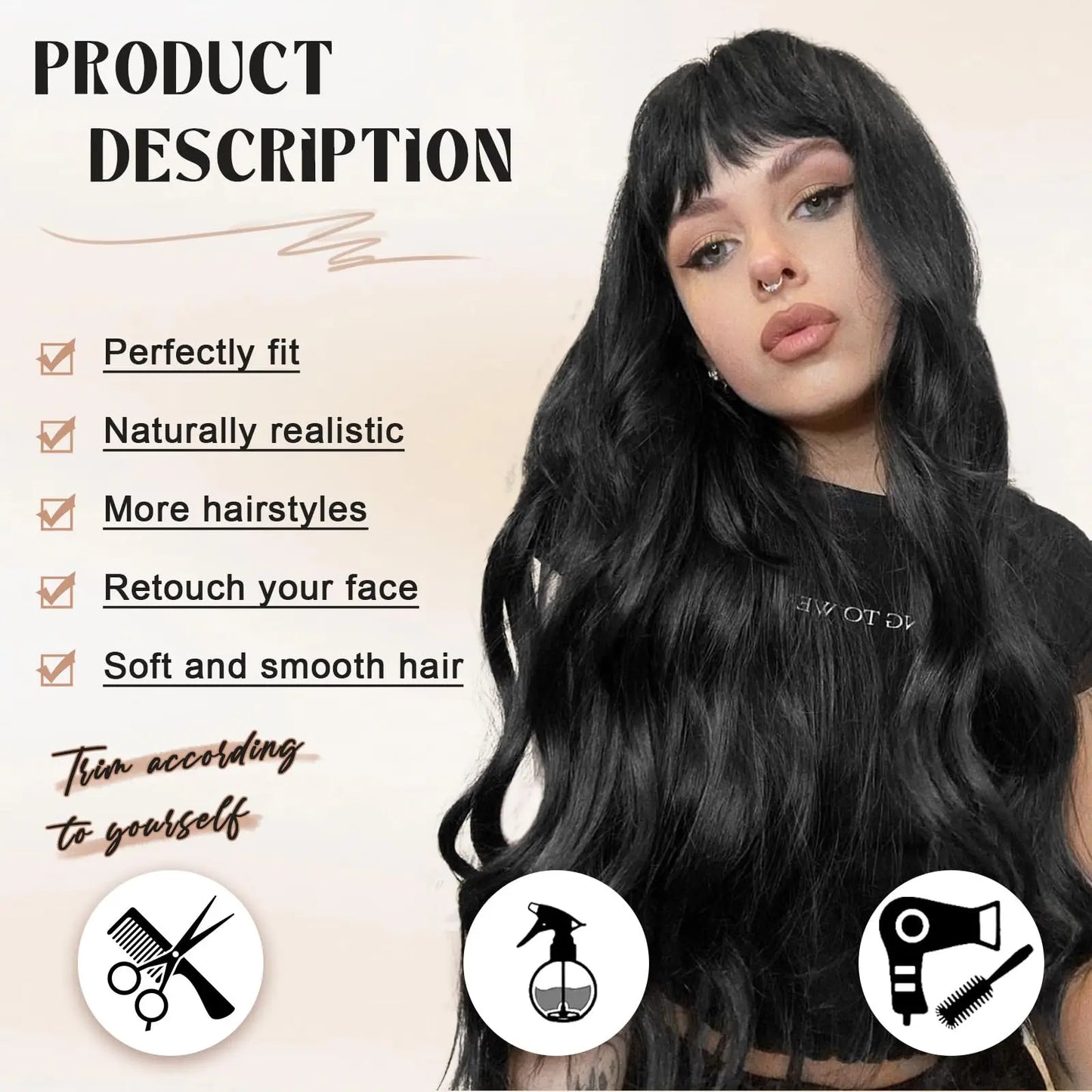 Black women's synthetic wig with big waves and straight bangs for cosplay. Worn daily with high-temperature synthetic hair.
