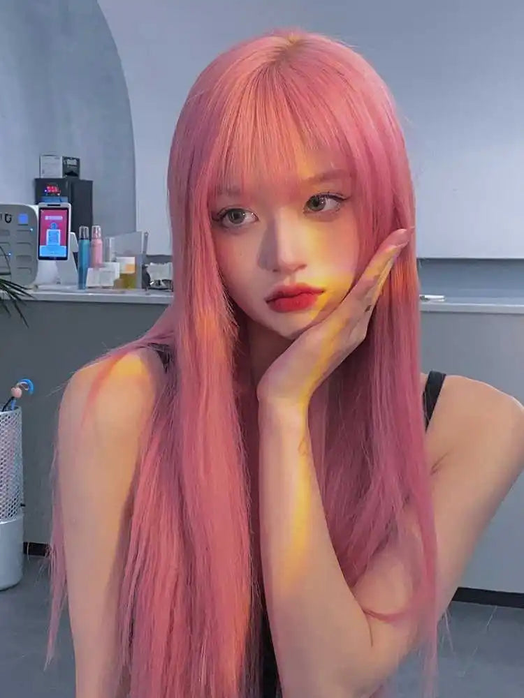 Pink Synthetic Wig With Long Straight Bangs Natural Wig Women Daily Use Cosplay Heat Resistant Lolita Full Head Cover