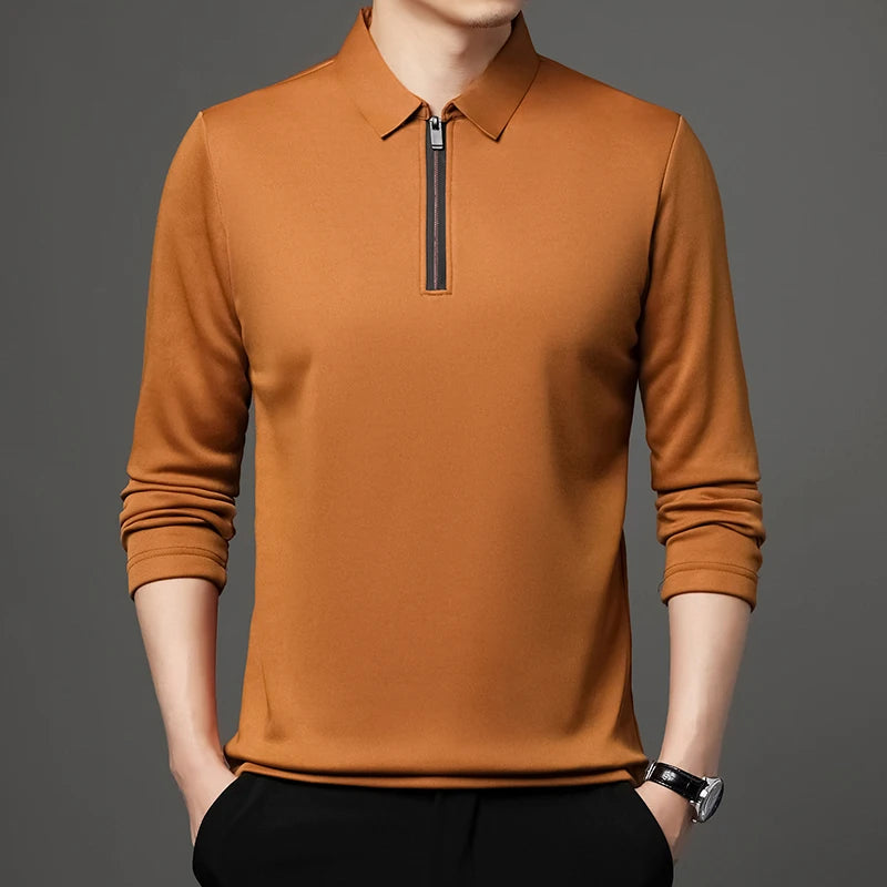 New T Shirt Zipper Polo Shirt Male Fashion Turn-Down Collar Long Sleeve Business Men Clothes