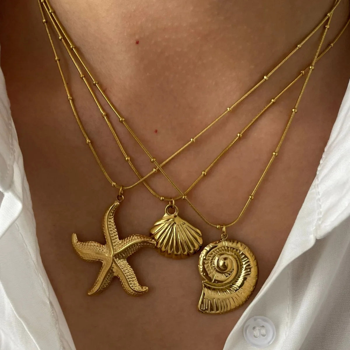 MHS.SUN Starfish Shell Conch Pendant Necklaces For Women Men Stainless Steel Trendy Chain Choker Beach Jewelry Summer Party