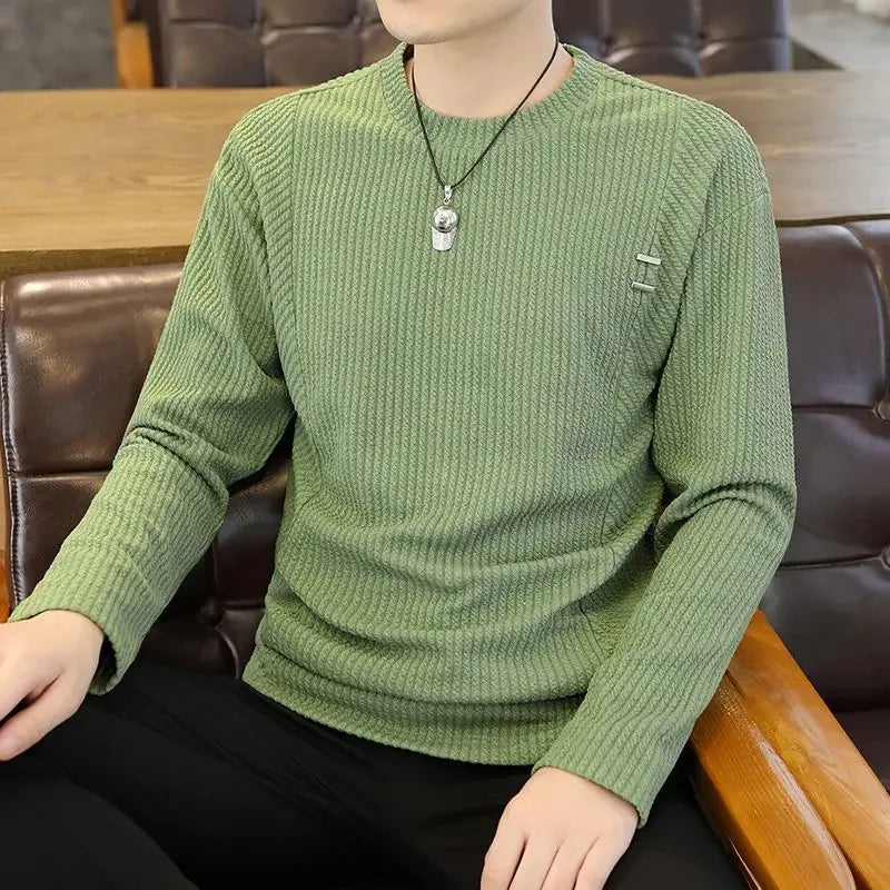 White Long Sleeve Men's T-shirt Pure Color Texture New Inner Wear Base Shirt Autumn Clothes Upper Clothes Fashion Brand