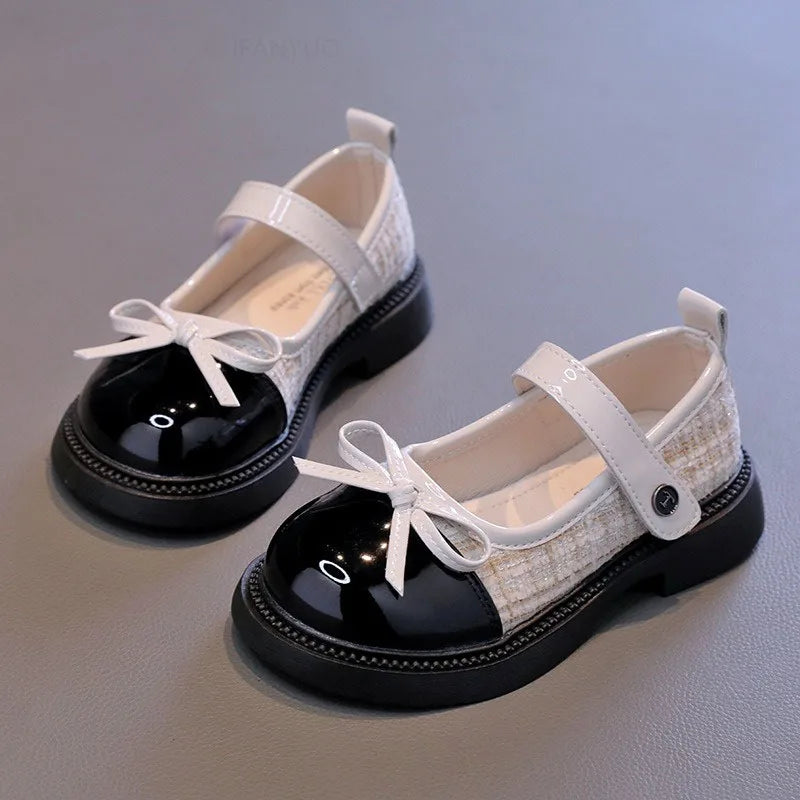 Spring Autumn Children's Leather Shoes with Bowknot Versatile Girls Fashion Mary Jane Shoes Causal Patchwork Kids Princess Shoes