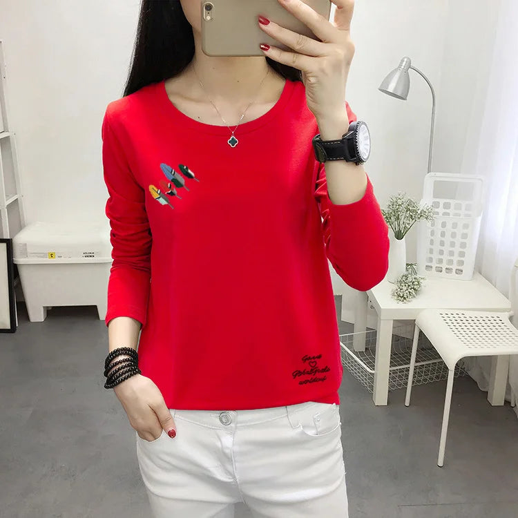 Long Sleeve T-shirt Women Simple Print Round Neck Top Loose Base Shirt Outdoor Wear Autumn Clothes