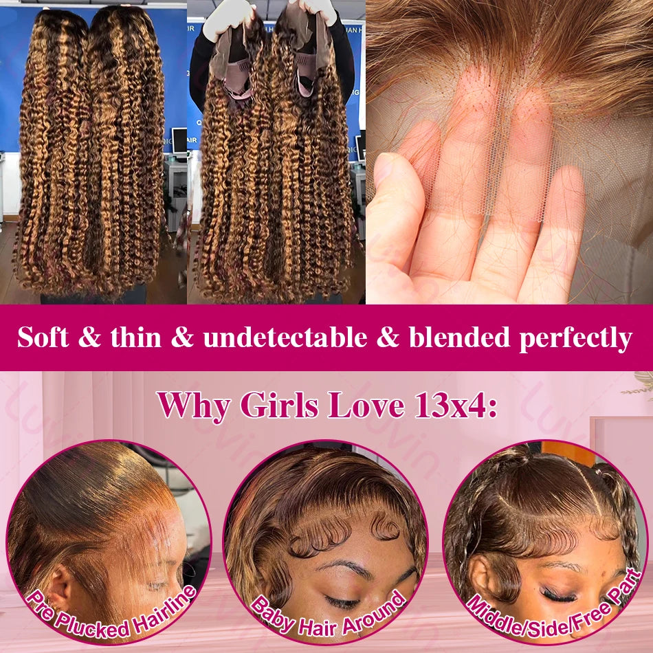 Curly Colored Highlight Wigs Human Hair Deep Wave 13x6 Hd Lace Frontal Wig 18 36Inch 4/27 Ombre Brown Blonde Lace Front Wigs