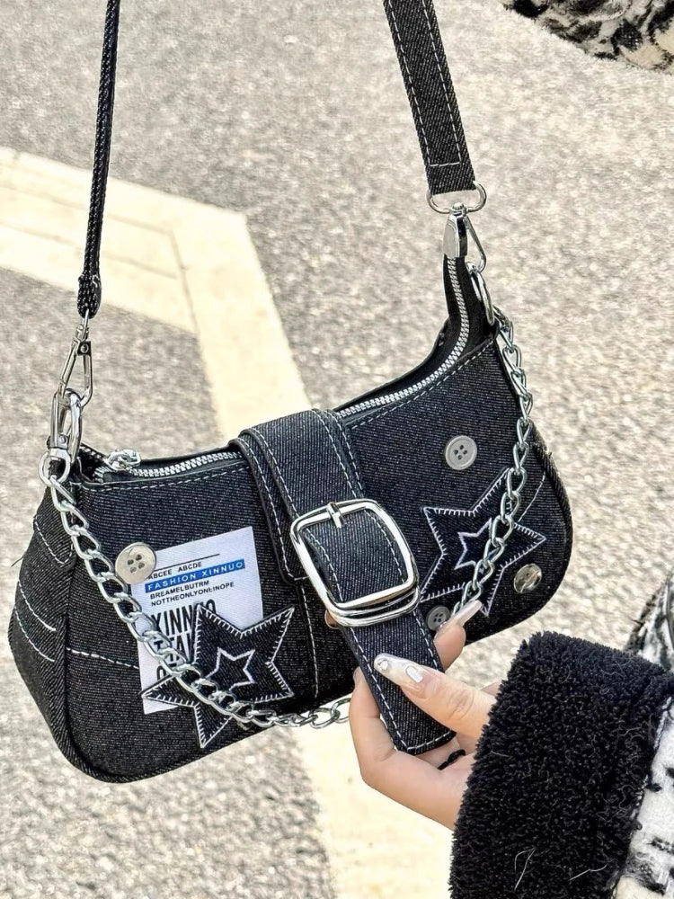 Y2k Fashion Women's Handbags Stars Pattern Cool Girls Underarm Bag Vintage Canvas Female Small Shoulder Bags Chain Tote Purses