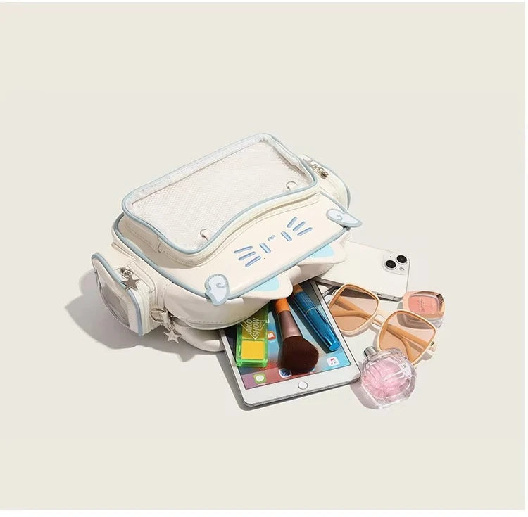 Women's Fashion Backpacks Y2K Korean Japan Kawaii Cat Ita Bag PU Cute Girls Transparent Pocket Aesthetic Shoulder Crossbody Bags