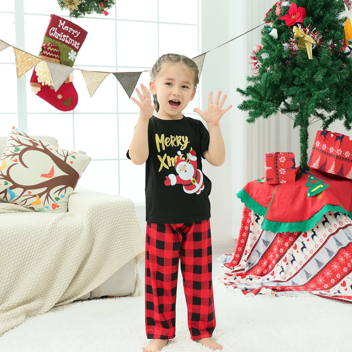 Merry Xmas Pjs Family Matching Outfits Santa Claus Print Mom Dad Kids Clothing Set Sleepwear Baby&Dog Romper Christmas Pajamas