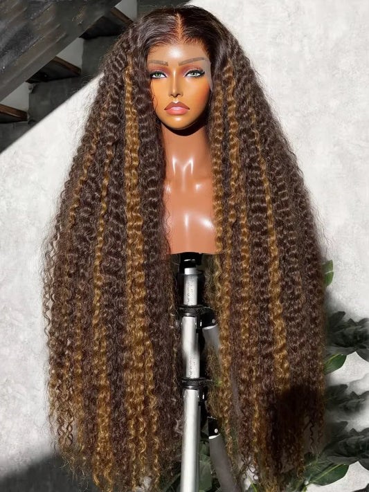 Curly Colored Highlight Wigs Human Hair Deep Wave 13x6 Hd Lace Frontal Wig 18 36Inch 4/27 Ombre Brown Blonde Lace Front Wigs