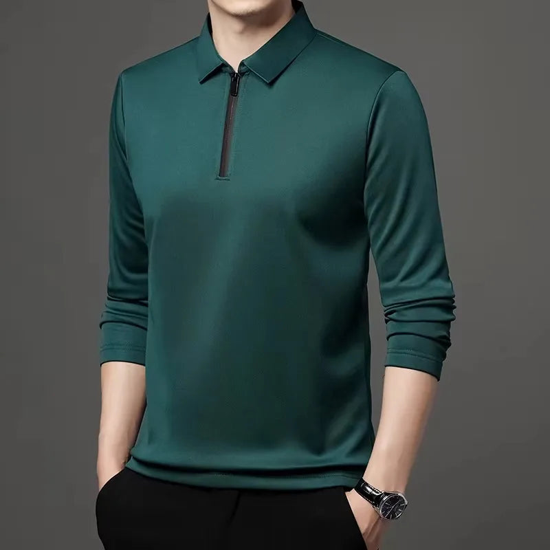 New T Shirt Zipper Polo Shirt Male Fashion Turn-Down Collar Long Sleeve Business Men Clothes