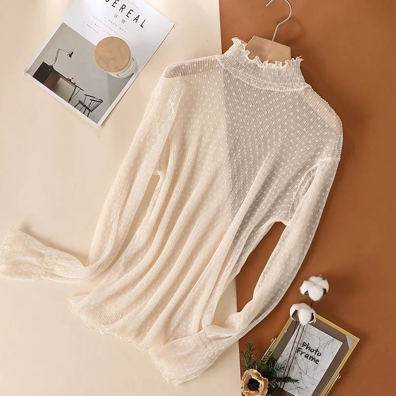 Women Sexy Mesh See Through T Shirt  Long Bell Sleeve Hollow Out Blouse Summer Transparent Sheer High Neck Bottoming Basic Tee