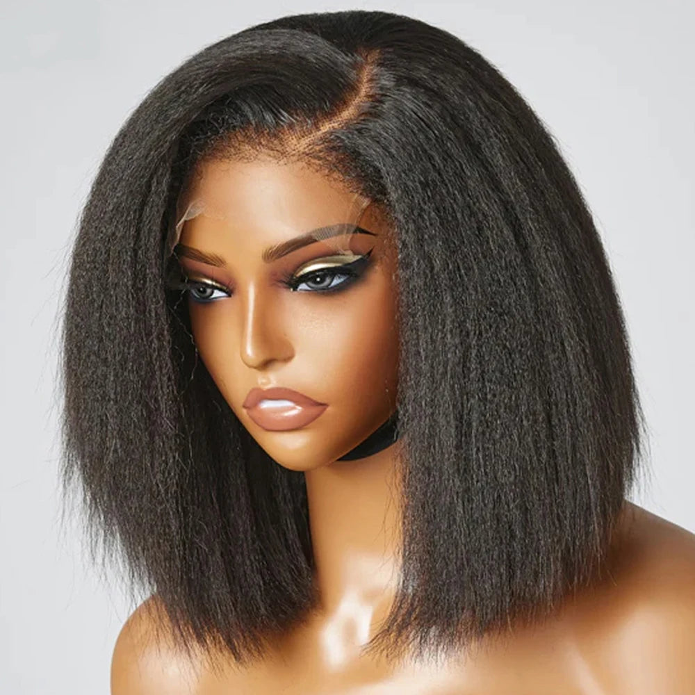 Ready To Wear Glueless Wigs Kinky Straight 13x4 Lace Front Human Hair Wig Short Bob Wigs HD Transparent Yaki Straight Wig 180%