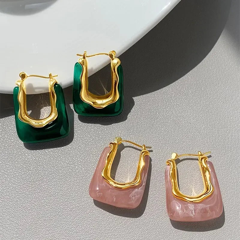 Green Vintage U Shaped Resin Earrings for Women Girls Geometric Irregular Stud Earrings 2025 New Trendy Party Ear Jewelry Gift