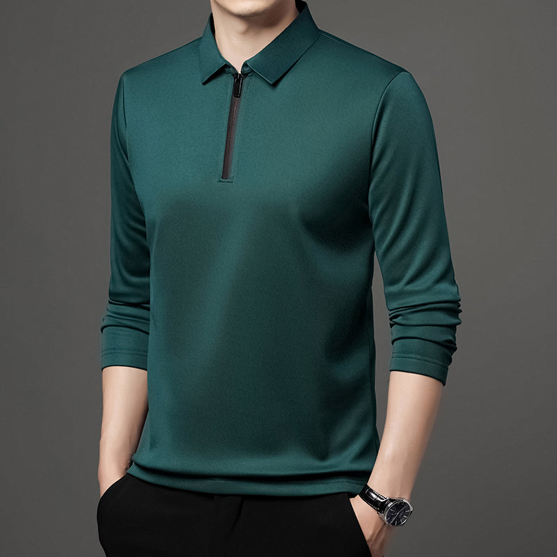 New T Shirt Zipper Polo Shirt Male Fashion Turn-Down Collar Long Sleeve Business Men Clothes