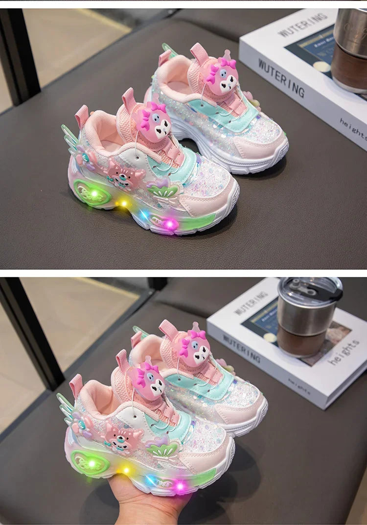 Girls Cartoon Rotating Button Sports Shoes Soft Bottom Kuroko Light up Dad Shoes Breathable Rubber Spring Season Kids Sneakers