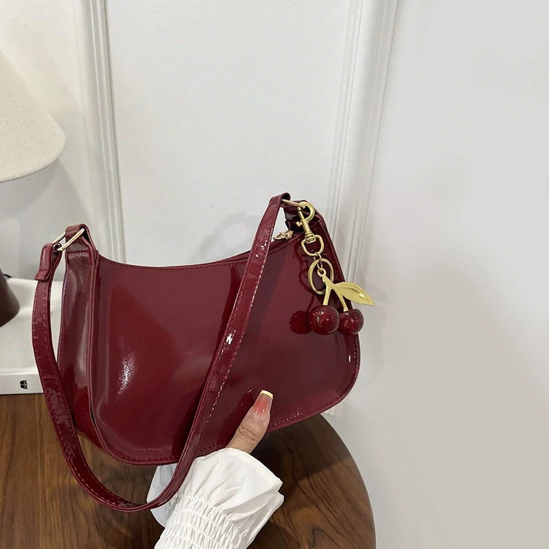 Vintage Retro Shoulder Bag for Women PU Leather Underarm Crossbody Ladies Casual Handbag Purse with Cherry Pendant