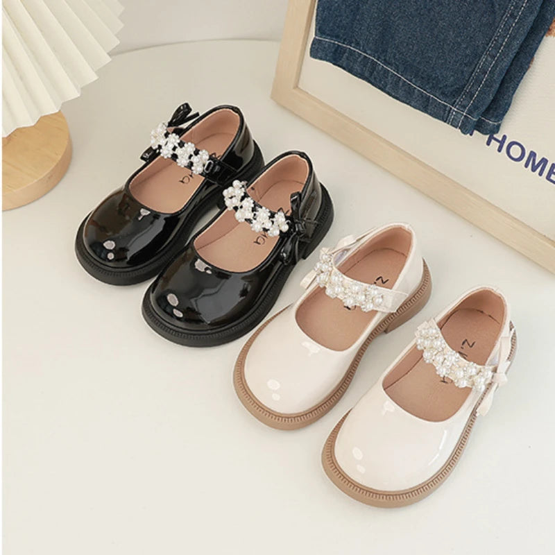 Children's Leather Shoes Glossy PU Black School Girl Shoes Fashion Sweet Kids Princess Soft Bottom Mary Jane Shoes Side Bowknot