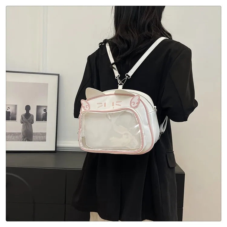 Women's Fashion Backpacks Y2K Korean Japan Kawaii Cat Ita Bag PU Cute Girls Transparent Pocket Aesthetic Shoulder Crossbody Bags