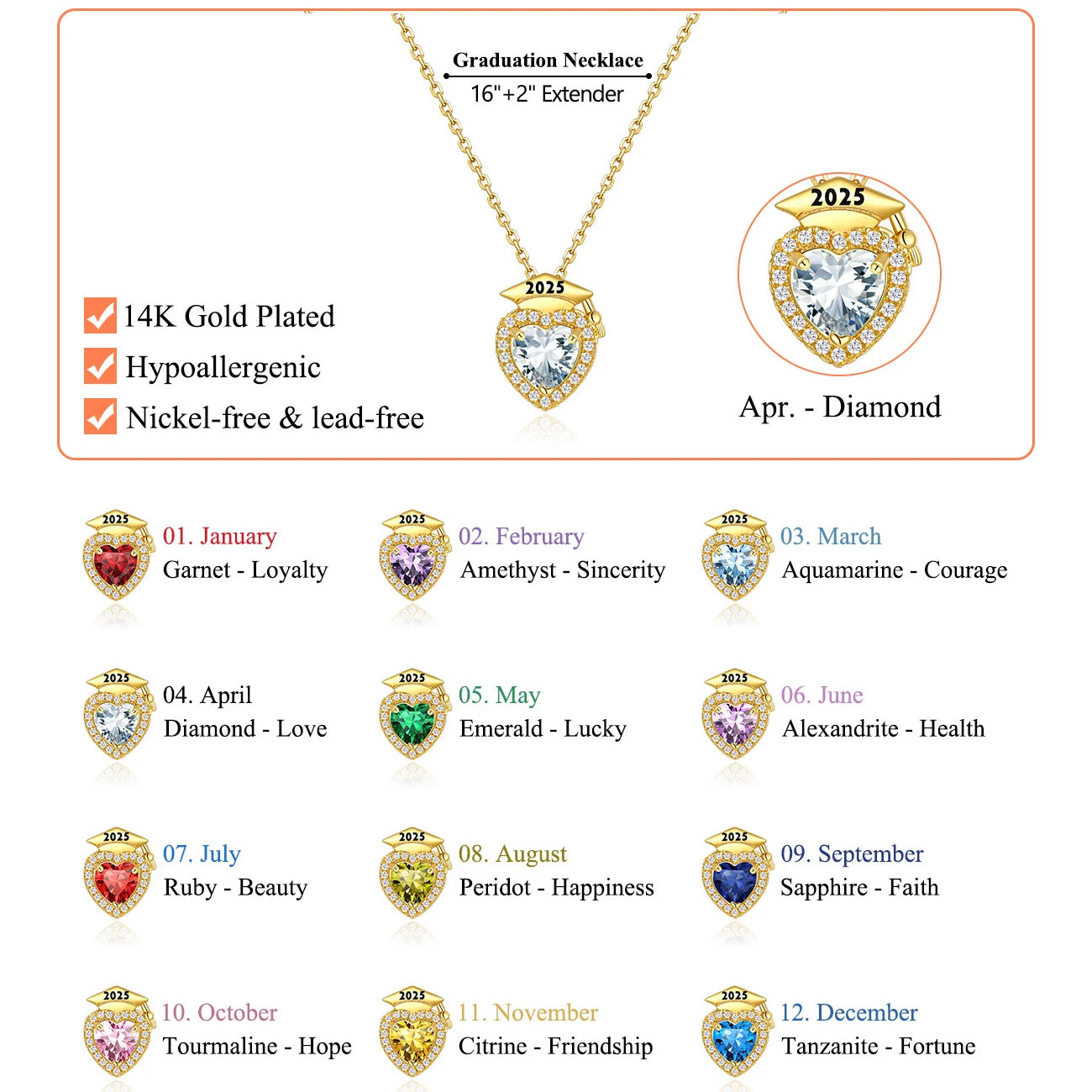 U7 2025 Graduation Necklaces for Women Bachelor Cap Clear White A+++ CZ Heart Birthstones Jewelry Gift for Daughter Girlfriend