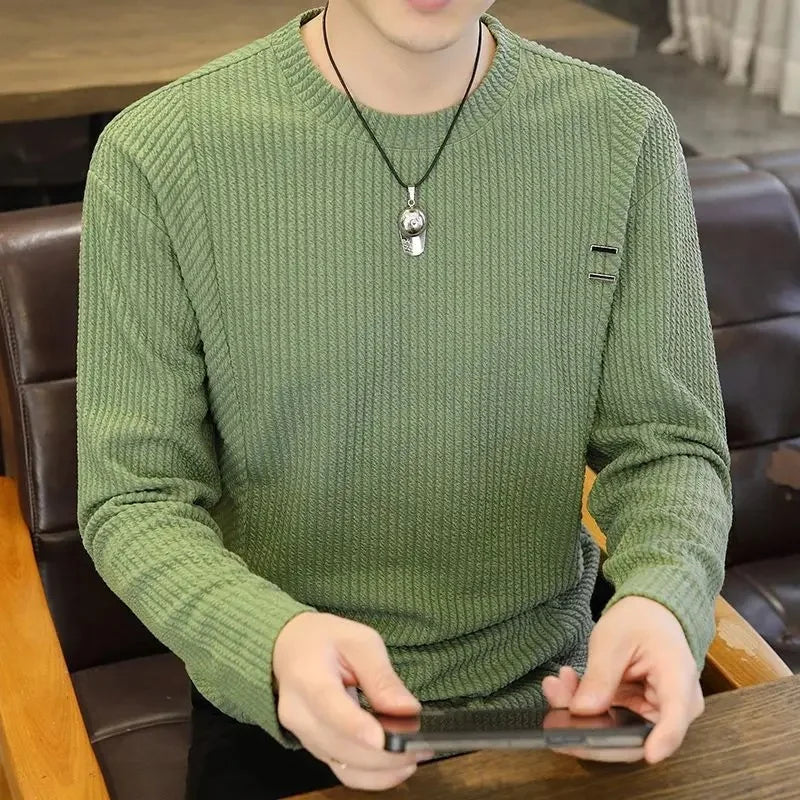 White Long Sleeve Men's T-shirt Pure Color Texture New Inner Wear Base Shirt Autumn Clothes Upper Clothes Fashion Brand