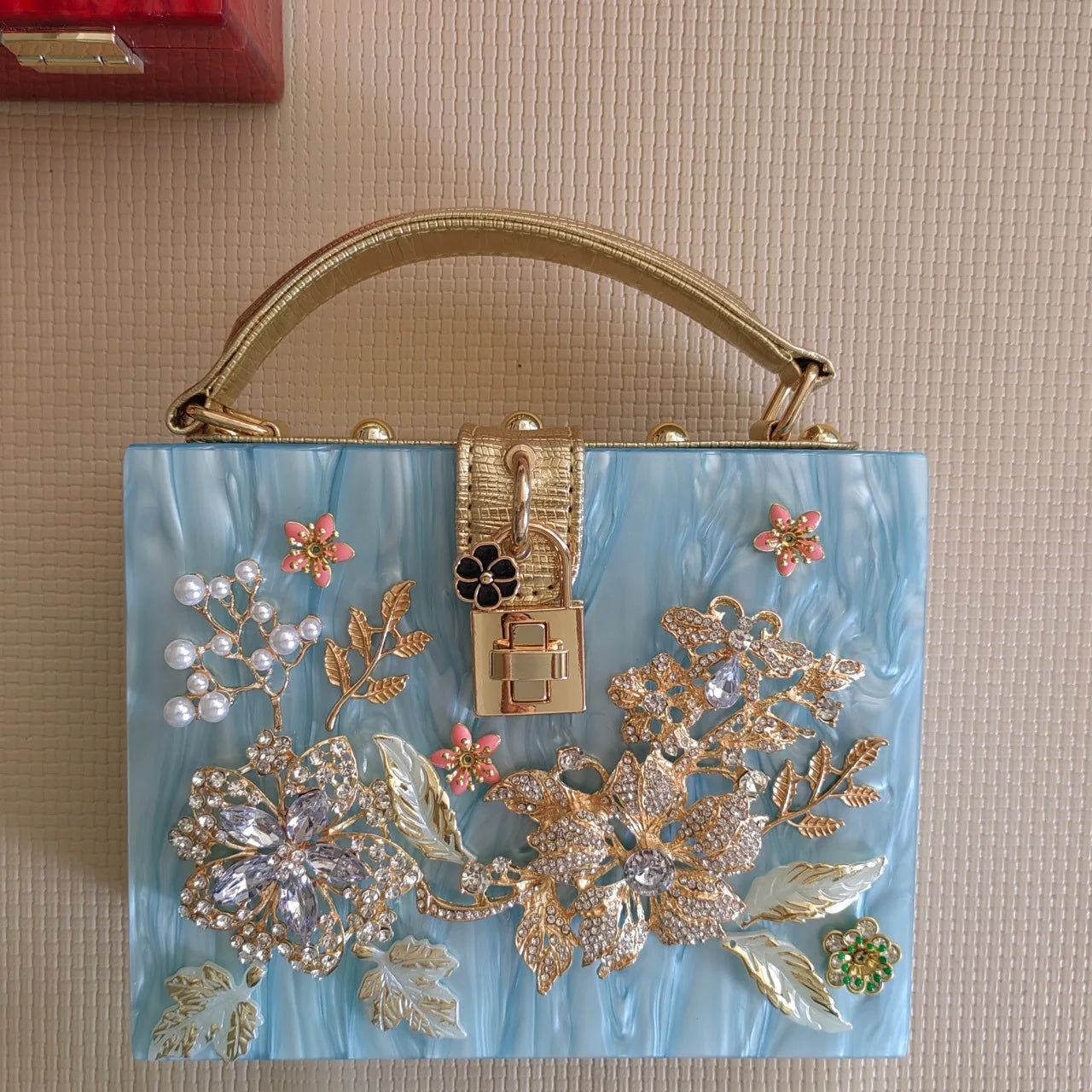 Girl Acrylic Gift Box Evening Bags Pearl Beaded Flower Clutch Purse Women Totes Pink Handbag Wedding Party White Diamond Purses