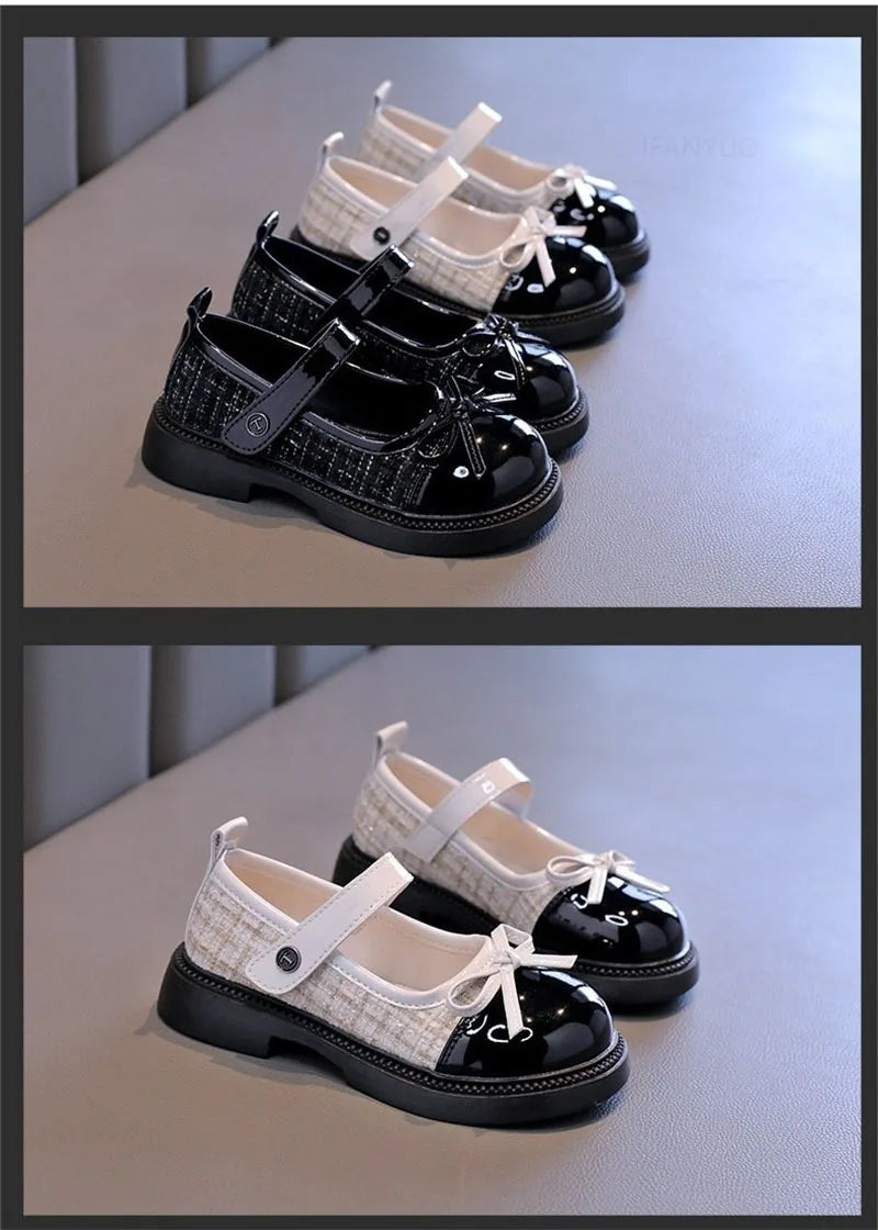Spring Autumn Children's Leather Shoes with Bowknot Versatile Girls Fashion Mary Jane Shoes Causal Patchwork Kids Princess Shoes