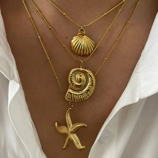 MHS.SUN Starfish Shell Conch Pendant Necklaces For Women Men Stainless Steel Trendy Chain Choker Beach Jewelry Summer Party