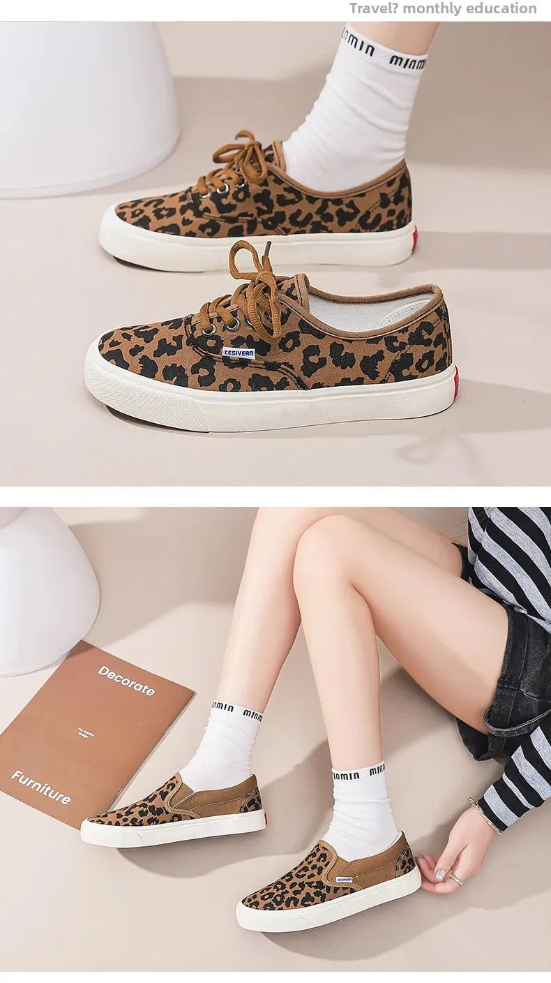 Retro Fashionable Canvas Shoes for Women Student Sports Casual Leopard Print Slip-On Sneakers Comfortable Cotton Lined Shoes