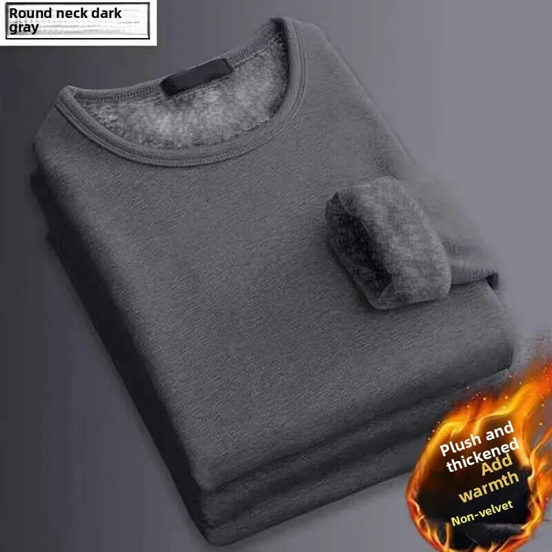 Men's Fleece Lined Thickened Long Sleeve T-Shirt round Neck Base Shirt Autumn Clothes Winter Long Sleeve Warm Underwear