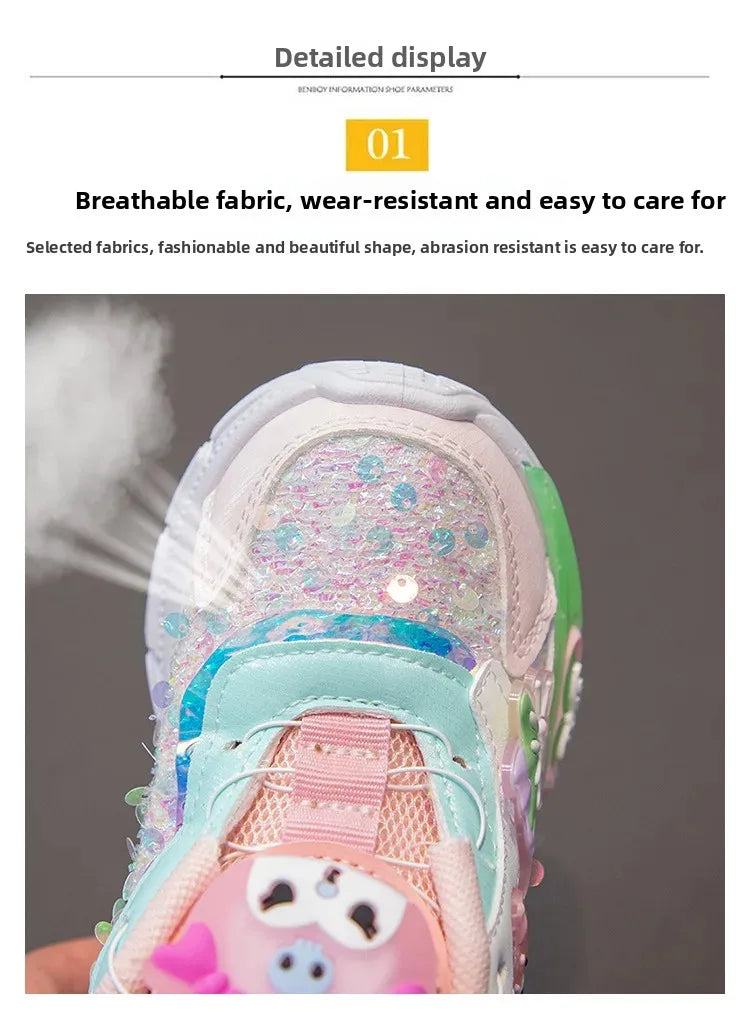 Girls Cartoon Rotating Button Sports Shoes Soft Bottom Kuroko Light up Dad Shoes Breathable Rubber Spring Season Kids Sneakers