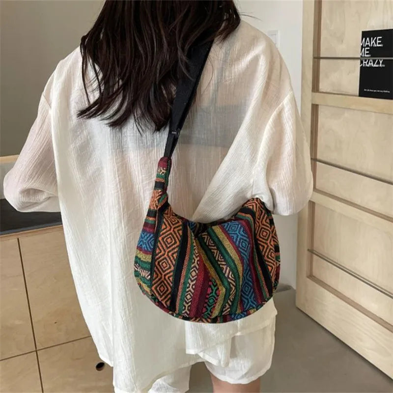 Tribal Style Shoulder Bag, Foldable Crossbody with Zipper Closure, Striped Pattern, Flag Theme Hand Washable Edge Painted Lining