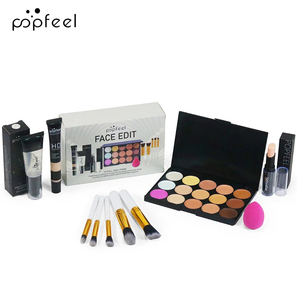 POPFEEL 10-Piece Face Makeup Set - Beginner-Friendly Foundation, Concealer & Brush Combo - Complete Face Makeup Kit for Flawless
