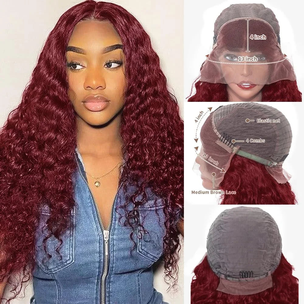 Red Wine 8 34 Inches Deep Wave 200 Density 13x4 99J Burgundy Lace Front Wig Brazilian HD Glueless Lace Frontal Human Hair Wig