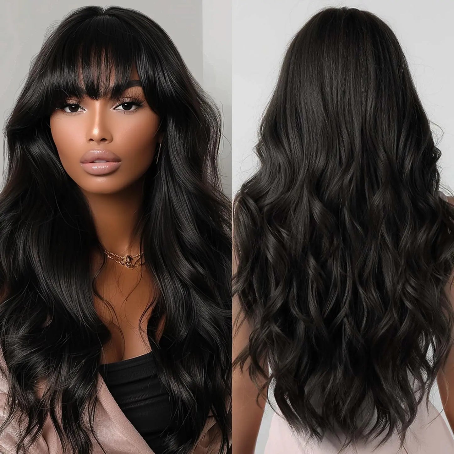 Black women's synthetic wig with big waves and straight bangs for cosplay. Worn daily with high-temperature synthetic hair.