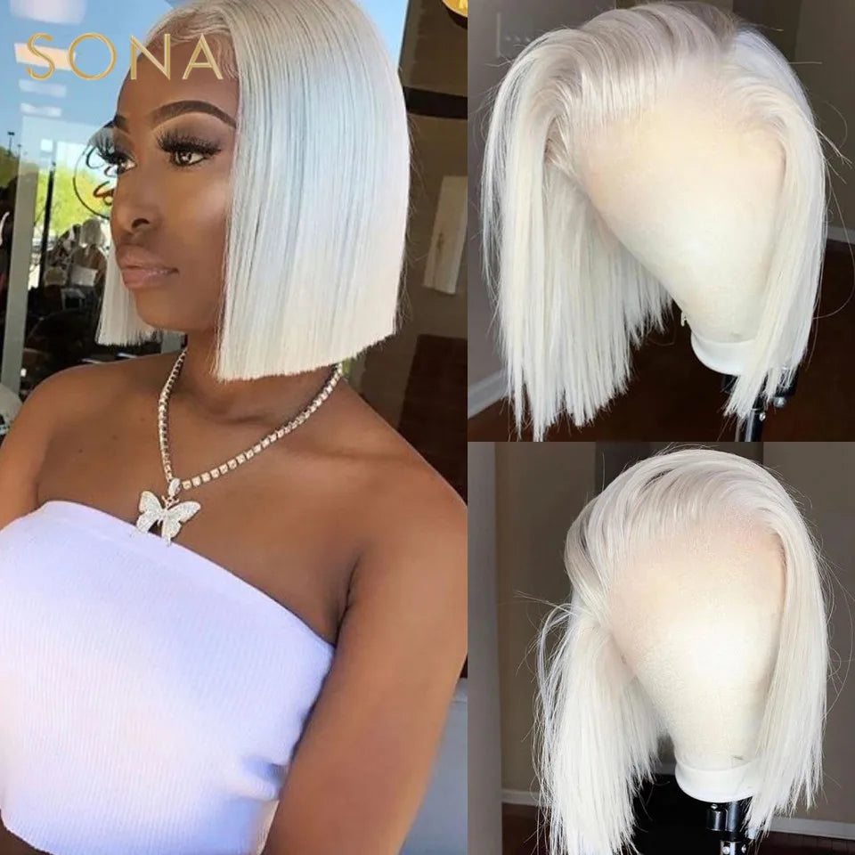 13x4 #60 Color White Platinum Ash Blonde Bob Lace Front Wig Human Hair Pre Plucked Brazilian Remy Straight Lace Frontal Wig