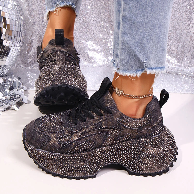 Luxury Rhinestone Chunky Sneakers for Women Fashion Purple Denim Platform Sports Shoes Woman Non Slip Thick Sole Vulcanize Shoes