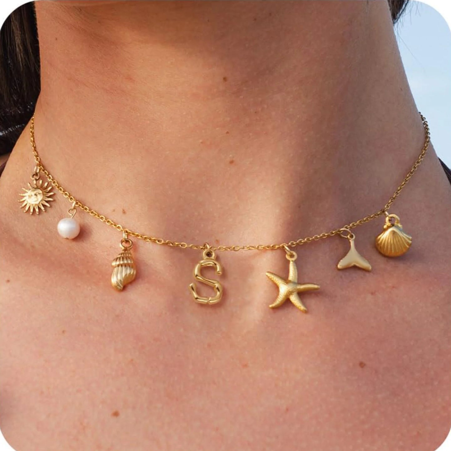 MHS.SUN Starfish Shell Initial Necklace Waterproof 18K Gold Plated Stainless Steel Charm Necklaces Surfer Girl Summer Beach Gift