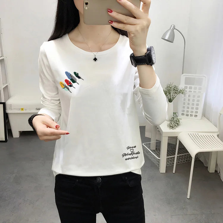 Long Sleeve T-shirt Women Simple Print Round Neck Top Loose Base Shirt Outdoor Wear Autumn Clothes